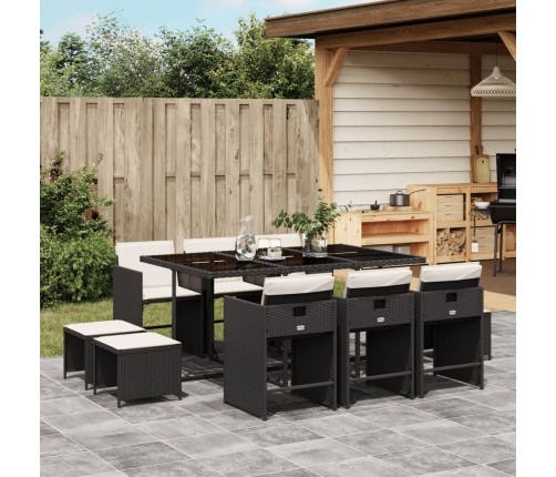 Set de comedor jardín 11 pzas con cojines ratán sintético negro