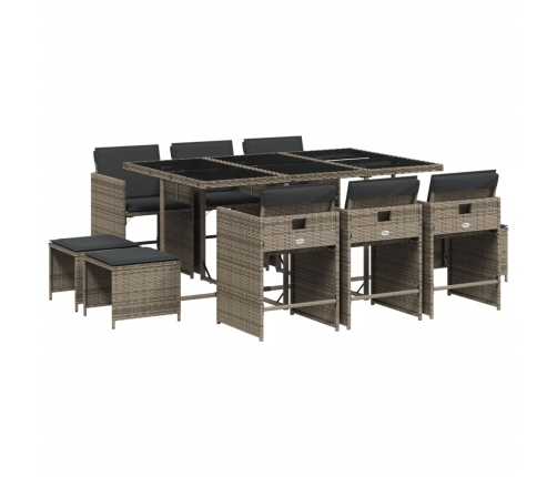 Set de comedor de jardín 11 pzas y cojines ratán sintético gris
