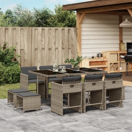 Set de comedor de jardín 11 pzas y cojines ratán sintético gris