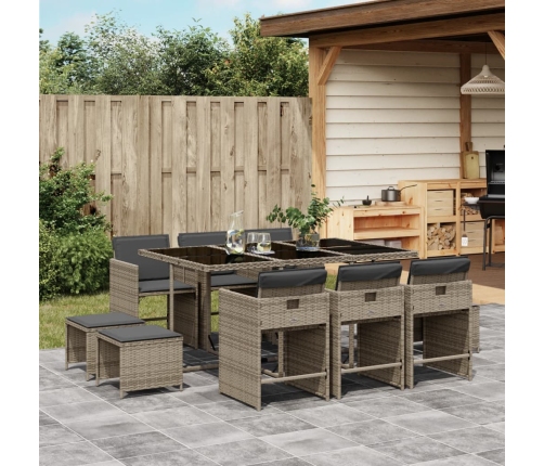 Set de comedor de jardín 11 pzas y cojines ratán sintético gris