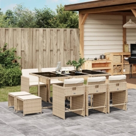 Set comedor de jardín 11 pzas con cojines ratán sintético beige