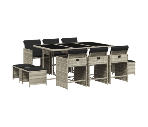 Set de comedor de jardín 11 pzas y cojines ratán sintético gris