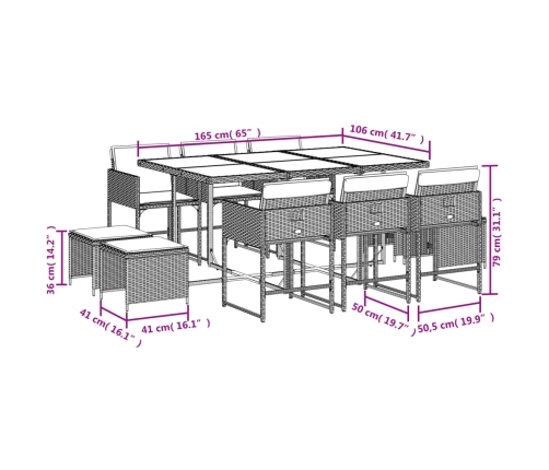 Set de comedor de jardín 11 pzas y cojines ratán sintético gris