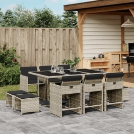 Set de comedor de jardín 11 pzas y cojines ratán sintético gris
