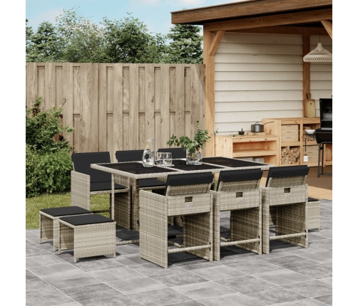 Set de comedor de jardín 11 pzas y cojines ratán sintético gris