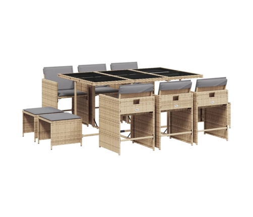 Set comedor de jardín 11 pzas con cojines ratán sintético beige