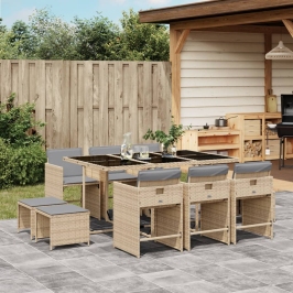 Set comedor de jardín 11 pzas con cojines ratán sintético beige