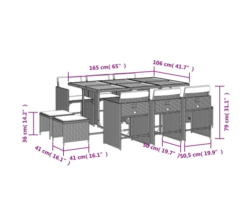 Set de comedor jardín 11 pzas con cojines ratán sintético negro