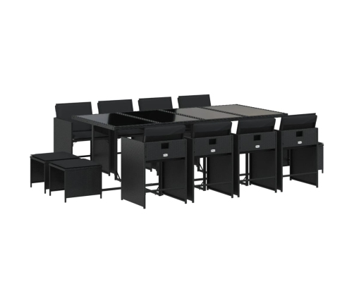 Set comedor de jardín con cojines 13 pzas ratán sintético negro