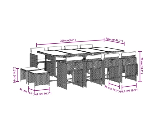 Set comedor de jardín con cojines 13 pzas ratán sintético negro
