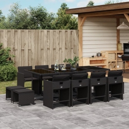 Set comedor de jardín con cojines 13 pzas ratán sintético negro