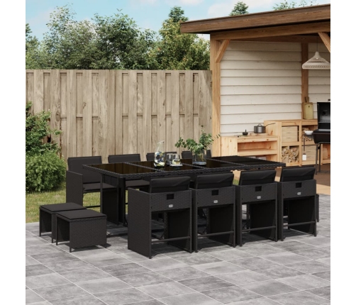 Set comedor de jardín con cojines 13 pzas ratán sintético negro