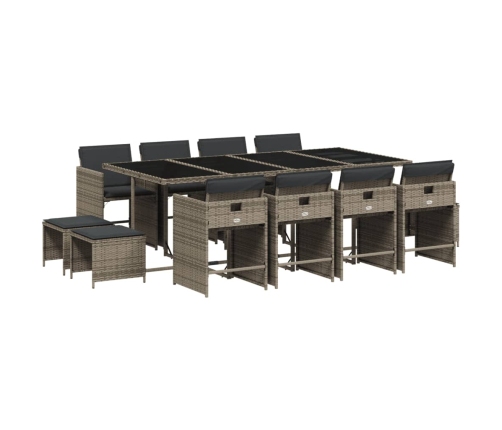 Set comedor de jardín con cojines 13 pzas ratán sintético gris