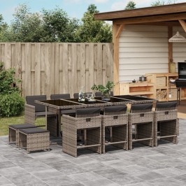 Set comedor de jardín con cojines 13 pzas ratán sintético gris