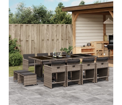 Set comedor de jardín con cojines 13 pzas ratán sintético gris