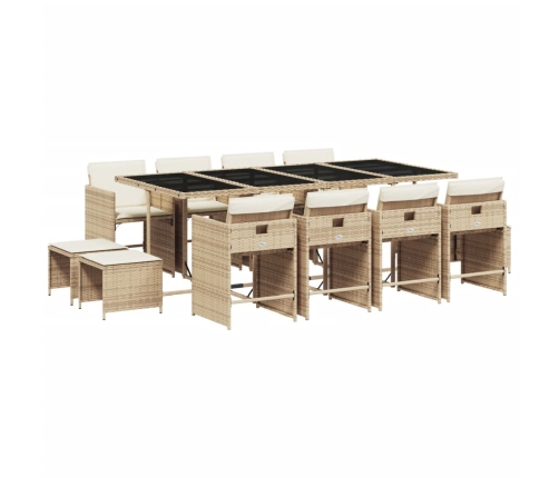 Set comedor de jardín con cojines 13 pzas ratán sintético beige
