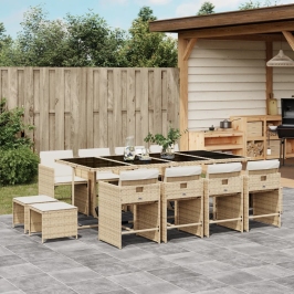 Set comedor de jardín con cojines 13 pzas ratán sintético beige