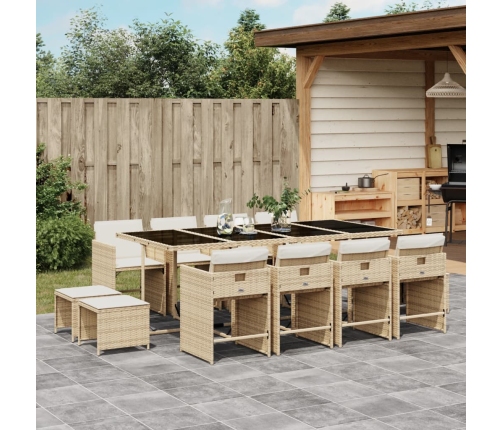 Set comedor de jardín con cojines 13 pzas ratán sintético beige