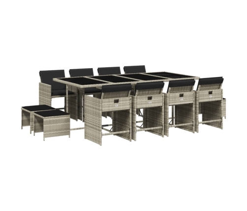 Set comedor jardín y cojines 13 pzas ratán sintético gris claro