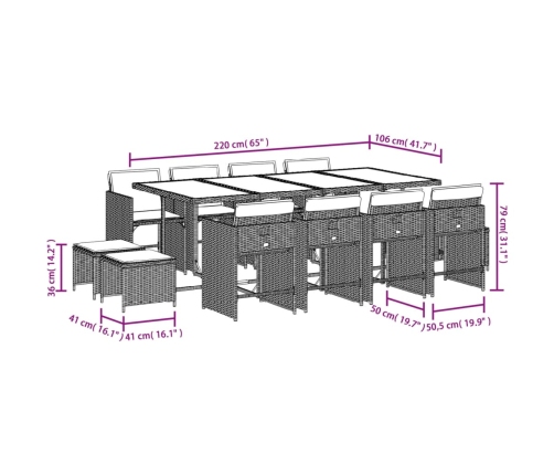 Set comedor jardín y cojines 13 pzas ratán sintético gris claro