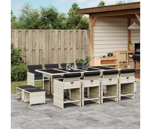 Set comedor jardín y cojines 13 pzas ratán sintético gris claro
