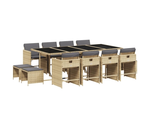Set comedor de jardín con cojines 13 pzas ratán sintético beige