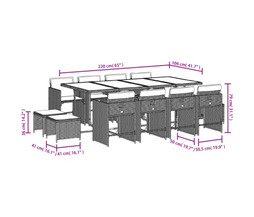 Set comedor de jardín con cojines 13 pzas ratán sintético beige