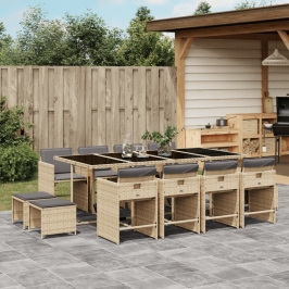 Set comedor de jardín con cojines 13 pzas ratán sintético beige