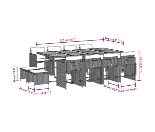 Set comedor de jardín con cojines 13 pzas ratán sintético gris