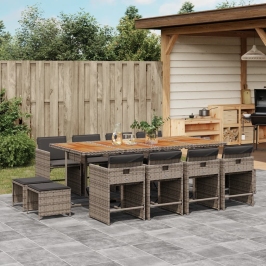 Set comedor de jardín con cojines 13 pzas ratán sintético gris