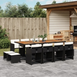 Set comedor de jardín con cojines 13 pzas ratán sintético negro