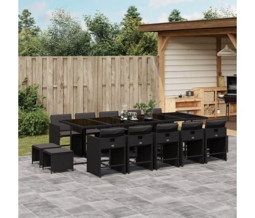 Set comedor de jardín con cojines 15 pzas ratán sintético negro