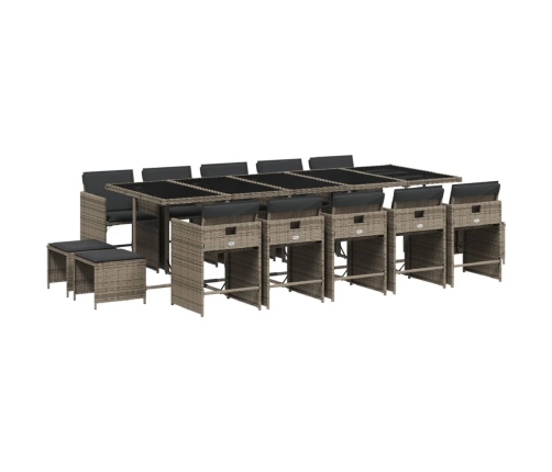 Set comedor de jardín con cojines 15 pzas ratán sintético gris