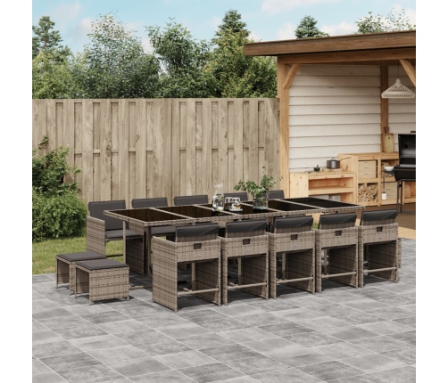 Set comedor de jardín con cojines 15 pzas ratán sintético gris