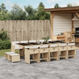 Set comedor de jardín con cojines 15 pzas ratán sintético beige