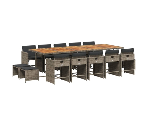 Set comedor de jardín con cojines 15 pzas ratán sintético gris