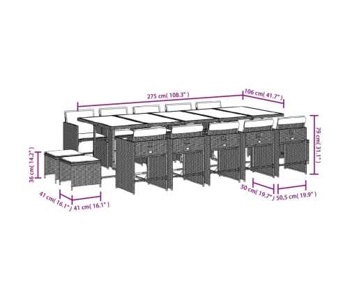 Set comedor de jardín con cojines 15 pzas ratán sintético gris