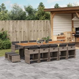 Set comedor de jardín con cojines 15 pzas ratán sintético gris