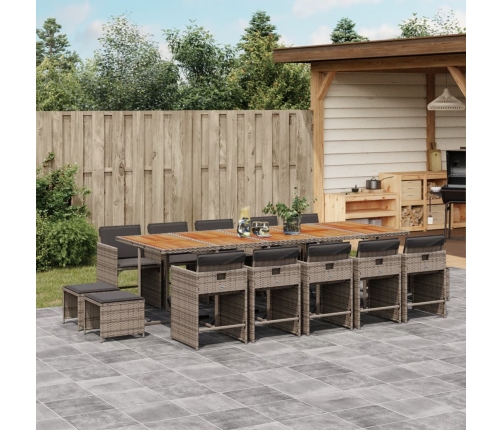 Set comedor de jardín con cojines 15 pzas ratán sintético gris