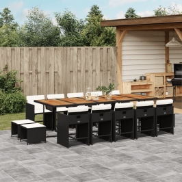 Set comedor de jardín con cojines 15 pzas ratán sintético negro