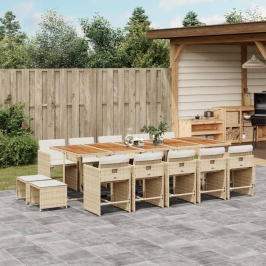 Set comedor de jardín con cojines 15 pzas ratán sintético beige