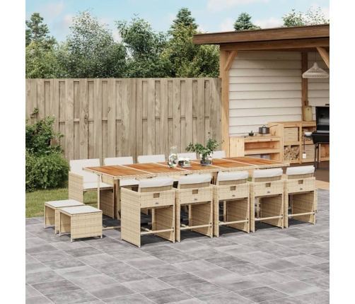 Set comedor de jardín con cojines 15 pzas ratán sintético beige