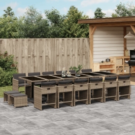 Set comedor de jardín 17 pzas y cojines ratán sintético gris