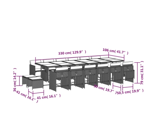Set de muebles jardín 17 pzas y cojines ratán sintético marrón