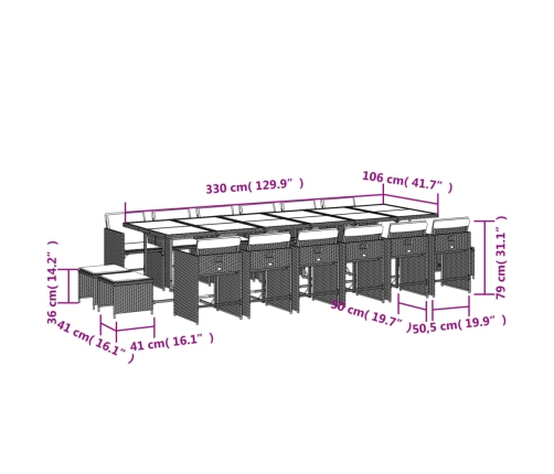 Set comedor de jardín 17 pzas con cojines ratán sintético beige