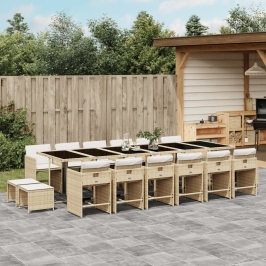 Set comedor de jardín 17 pzas con cojines ratán sintético beige