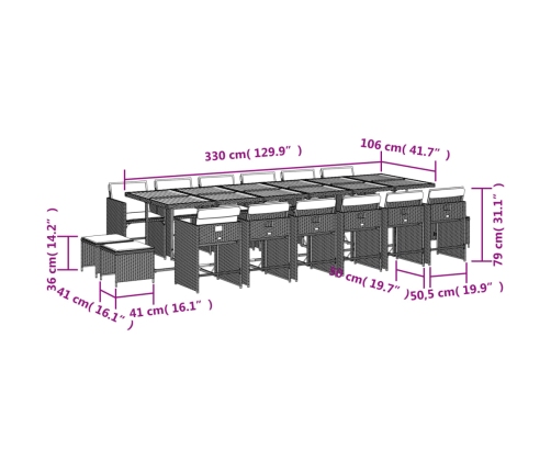 Set de muebles jardín 17 pzas con cojines ratán sintético negro