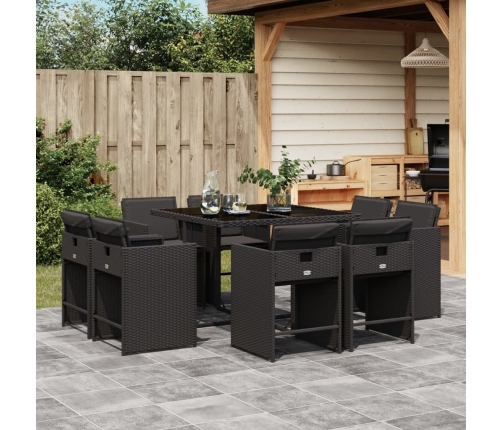 Set de comedor de jardín 9 pzas y cojines ratán sintético negro