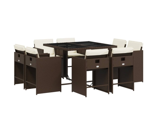 Set comedor para jardín 9 pzas y cojines ratán sintético marrón