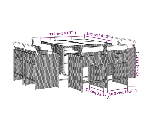 Set comedor para jardín 9 pzas y cojines ratán sintético marrón